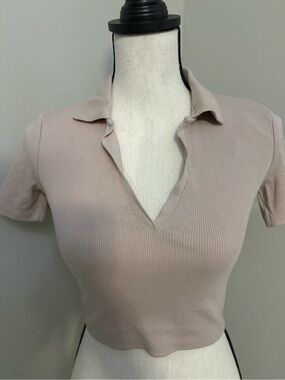 Zara Ribbed Collared V-Neck Crop Top - Light Blush-NWOT